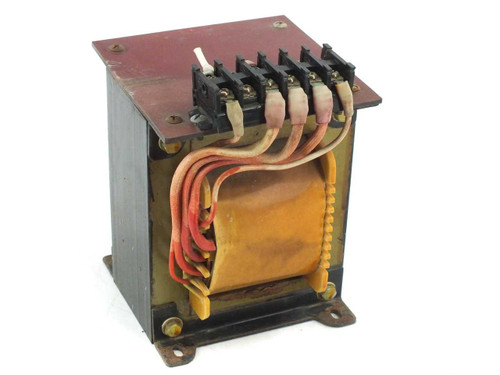Open frame power transformer showing copper coil windings, multi-tap screw terminal block, and mounting feet — front-right angled view