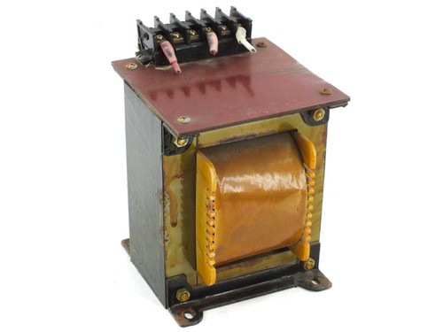 Open frame laminated core power transformer with copper windings and screw terminal block — front-left angled view
