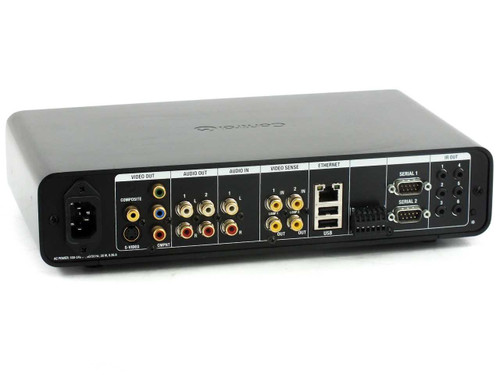 Control4 HC-300 rear panel showing composite, S-Video, component video out, stereo audio in/out, Ethernet, USB, and dual DB9 serial ports