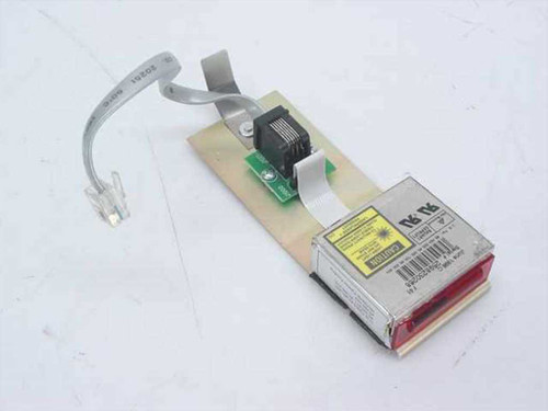 Control Module Inc 2108-001 laser bar code scanner module — front-angled view showing laser scan engine, PCB mount plate, ribbon cable, and RJ connector cable