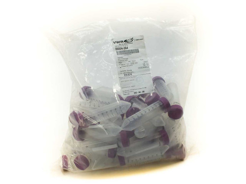 VWR 89004-364 50mL presterilized centrifuge tubes — sealed bulk bag front view showing VWR label and purple-capped tubes inside