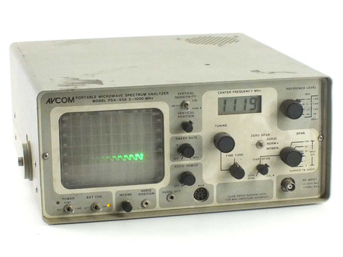 AVCOM PSA-65A Portable Microwave Spectrum Analyzer front panel view showing CRT display with active trace, tuning controls, vertical sensitivity, sweep rate, and digital center frequency readout displaying 1119 MHz
