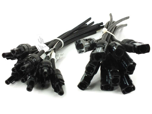 Stäubli MC4 solar cable sets separated into male connector bundle (left) and female connector bundle (right), showing both connector styles