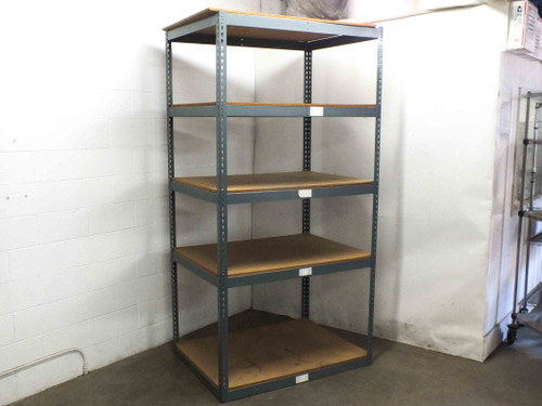 Boltless steel rivet shelving unit 48x36x96 with 5 particle board shelves — full front view in warehouse setting