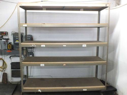 Boltless rivet warehouse shelving unit — alternate front angle showing all 5 shelf levels and steel upright posts