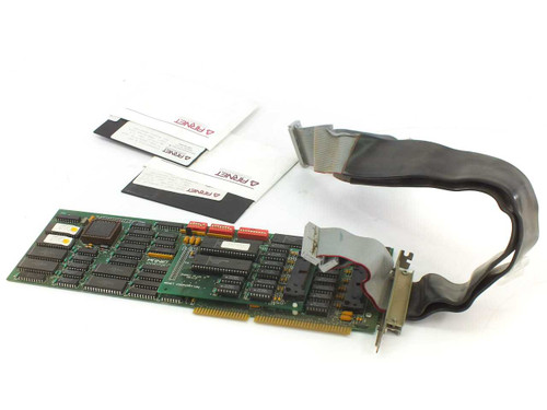 Arnet Smartport ISA card shown with ribbon cable and two Arnet-labeled 5.25-inch floppy software disks — angled view