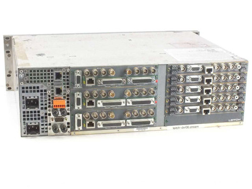 Leitch FR-3923 NEO Frame Synchronizer – rear panel view showing installed cards with BNC, DB25, RJ-45 connectors and power supply module