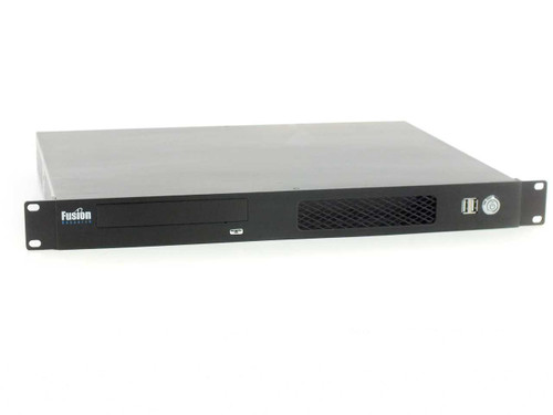 Fusion Research 1U rackmount music video server – front panel angled view showing optical drive bay, USB ports, and power button