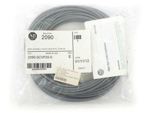 Allen-Bradley 2090-SCVP20-0 fiber optic cable in sealed bag — label showing Cat No., Series E, date 01/11/12, Made in USA