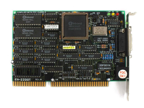 Danpex EN-2200T EN-2200T Rev.8 top view showing Winbond W89C902P main IC, two Winbond W2685-70LL RAM chips, FCC Class A label, and QC OK sticker
