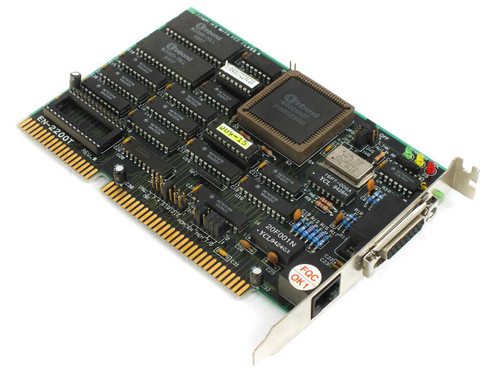 Danpex EN-2200T 16-bit ISA NIC – angled top view showing Winbond W89C902P chipset and ISA edge connector