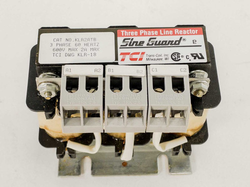 TCI Sine Guard KLR2ATB line reactor – top label view showing Cat No. KLR2ATB, 3 Phase 60 Hz, 600V Max 2A Max, TCI DWG KLR-18 and Sine Guard branding