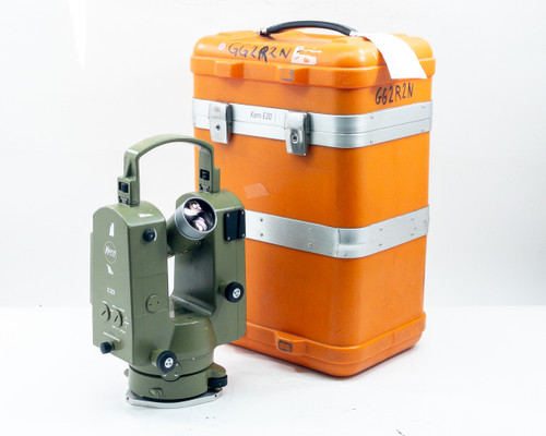 Kern E20 Electronic Sub-Second Theodolite shown beside original orange hard carrying case — three-quarter view