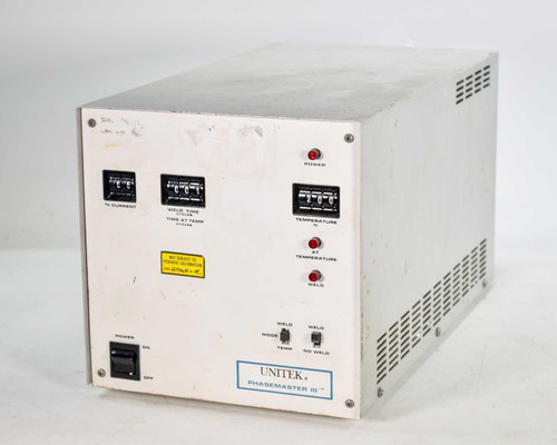 Unitek Miyachi Phasemaster III 1-220-01 welding controller – front panel with % Current, Weld Time, Temperature dials and indicator lights