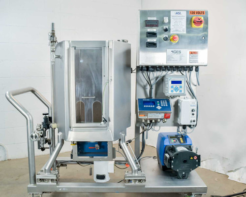 ASI Thermo Scientific imPULSE 100L bioprocess single-use mixer full system front view on mobile cart with GES control panel, Polestar DSP4000, and Watson Marlow 720U pump visible