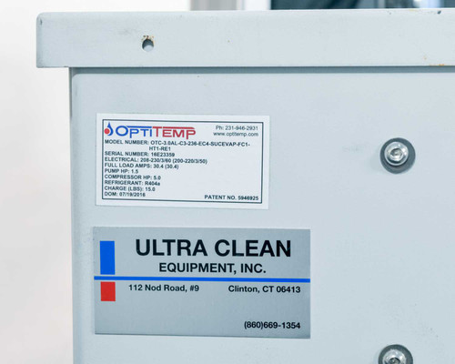 Opti Temp OTC-3.0AL nameplate label showing full model number OTC-3.0AL-C3-236-EC4-SUCEVAP-FC1-HT1-RE1, serial number, electrical specs 208-230/3/60, full load amps 30.4A, refrigerant R404a, and DOM 07/19/2016