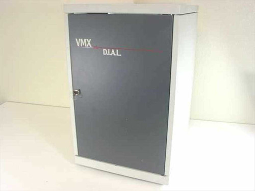 VMX D.I.A.L. PBX voicemail cabinet – front view showing dark gray door with VMX D.I.A.L. logo and lock