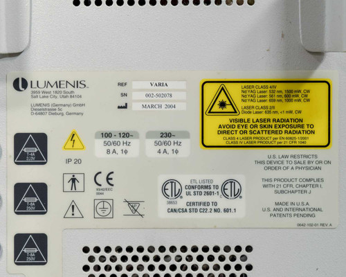 Lumenis Novus Varia rating plate showing REF VARIA, SN 002-502078, manufacture date March 2004, power ratings 100-120V 8A and 230V 4A single phase, IP 20, ETL and CE certifications