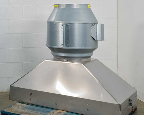 Fantech FKD 16XL mixed flow inline duct fan mounted on galvanized steel filter hood – three-quarter front-left view