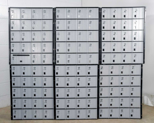 Salsbury 3620 mailbox bank lot – all 6 units arranged in two rows showing full array of combination lock doors