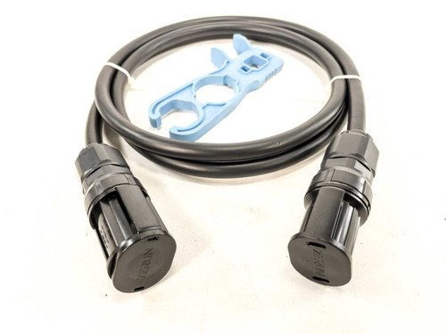 LG Solar LEE 16-FM3.AU1 AC extension cable with blue LAC-UNLOCk2.AU1 unlocking tool — full cable and tool view