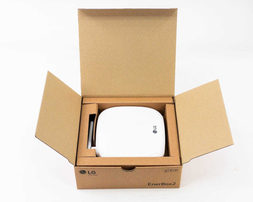 LG EnerBox 2 HGQQMSD10 gateway unit seated in original cardboard packaging insert inside open retail box