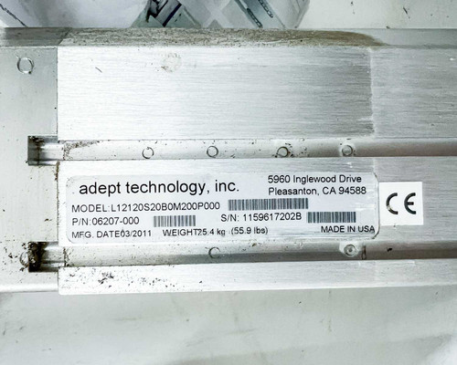 Adept Technology label showing model L12120S20B0M200P000, P/N 06207-000, S/N 1159617202B, MFG date 03/2011, 25.4 kg, Made in USA