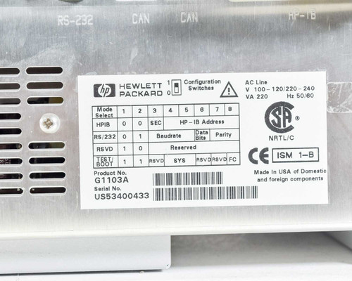 HP 8453 Diode-Array Spectrophotometer rear label — Product No. G1103A, Serial No. US53400433, AC Line V100-120/220-240, VA 220, Hz 50/60, HP-IB and RS-232 configuration switches visible