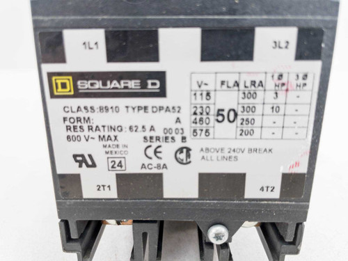 Square D Class 8910 DPA52 contactor – label closeup showing FLA/LRA ratings table, Series B, 600V max, made in Mexico