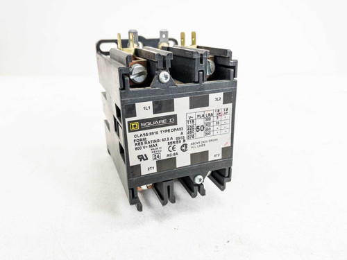 Square D 8910-DPA52 2-pole definite purpose contactor – front three-quarter view showing label and line/load terminals