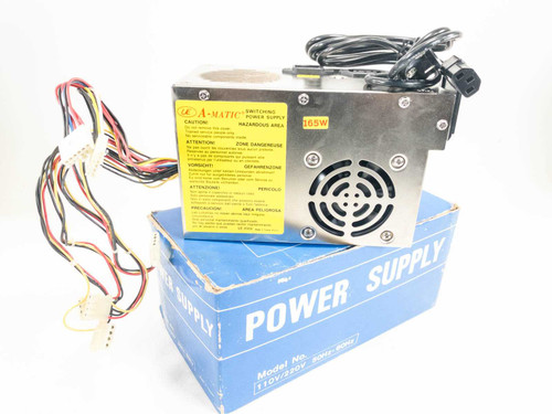 A-Matic UE-8908 165W switching power supply shown on top of original blue box with wiring harness visible
