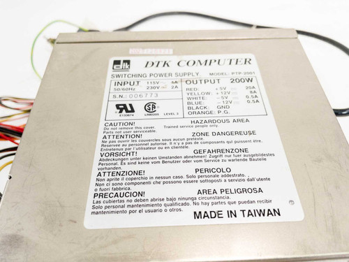 DTK Computer PTP-2001 label showing model number, input 115V/230V, and output rail specifications – Made in Taiwan
