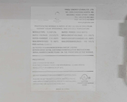 Yingli Energy YL240P-29b rating plate label showing module type, rated power 240W, Vmp 29.5V, Imp 8.14A, Voc 37.5V, Isc 8.65A, and max system voltage