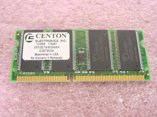 Centon Electronics GIZCT8VDA 128MB SO-DIMM SDRAM laptop memory module — front label view showing part numbers CVGIZCTW8VD458H and GIZCT8VDA