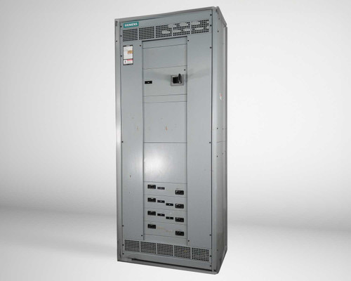 Siemens 60-36555-H20 1000A switchboard – three-quarter front-left view showing full cabinet height with ventilation slots and breaker section