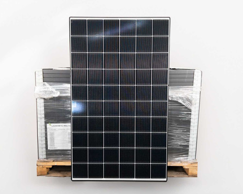 LG LG365M1C-N5 NeON 2 ACe 365W solar panels stacked on pallet, front cell side facing out