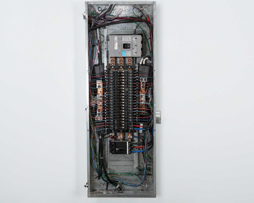 Siemens S1C42JX400CBS panel board interior view with door open showing main breaker and branch circuits with wiring installed