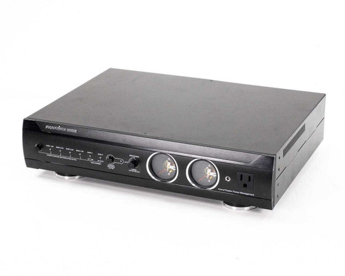Panamax M7500-PRO home theater power management — angled front-left view showing low-profile black chassis and dual analog meters