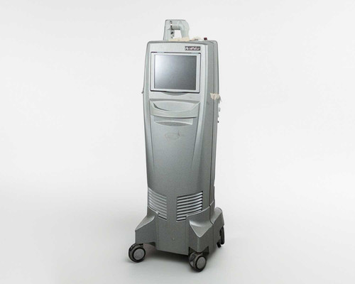 Lumenis AcuPulse 40 AES-A CO2 laser system – right-angle front view showing full console with touchscreen and articulated delivery arm on casters