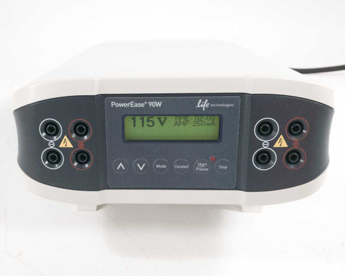 Life Technologies PowerEase 90W PS0090 front panel showing backlit LCD displaying 115V and four banana jack terminal pairs