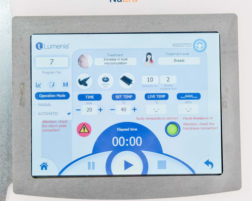 Lumenis NuEra Tight touchscreen showing assisted mode with faulty temperature sensor and handpiece connection attention warnings