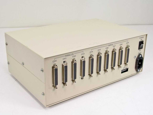 Buffalo Printer Buffer SL – rear panel showing 4 parallel DB25 ports (CH0–CH3), 6 serial DB25 ports (CH4–CH9), power switch, and IEC AC inlet