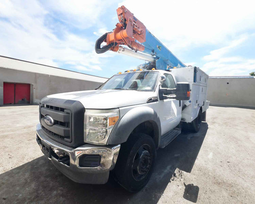 2013 Ford F550 bucket truck front three-quarter view with Altec AT37G aerial boom raised, showing orange upper boom section