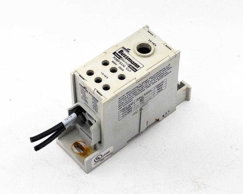 Cooper Bussmann PDBFS330 Cu7 Power Distribution Block – angled front-left view showing DIN rail mount and attached lead wires