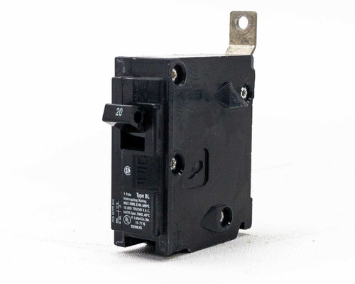 Siemens B120 Type BL 1-pole 20A miniature circuit breaker — left-side angle view showing toggle handle and label