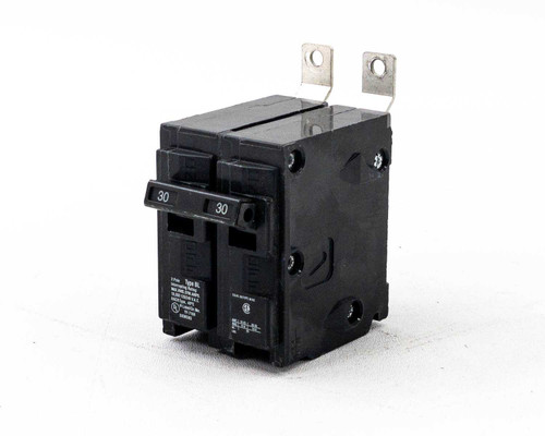 Siemens B230 Type BL 2-pole 30A circuit breaker – right-front angle view showing twin 30A handles and lug terminals