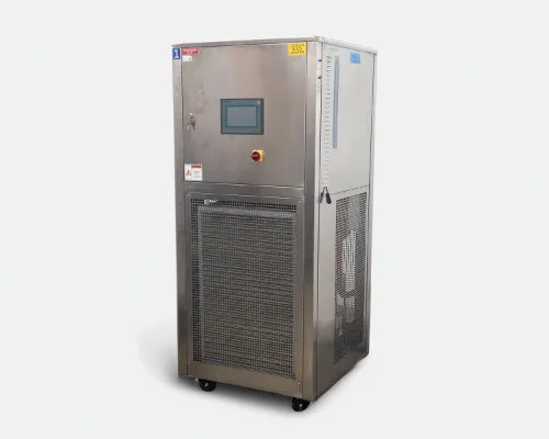 Lneya Sundi-1A15 cooling and heating chiller front three-quarter view showing stainless steel cabinet, touchscreen HMI, and lower condenser grille with casters