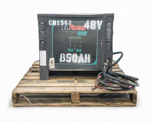 EnerSys ES3-24-850B EnForcer SCR forklift battery charger — front panel view showing 48V and 850AH markings on pallet
