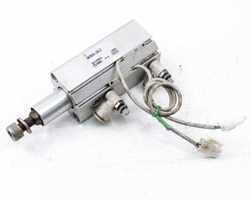 SMC MKB20-20LZ Pneumatic Rotary Clamp Cylinder — top-angle view showing label, inline pneumatic fittings, and auto-switch wiring leads