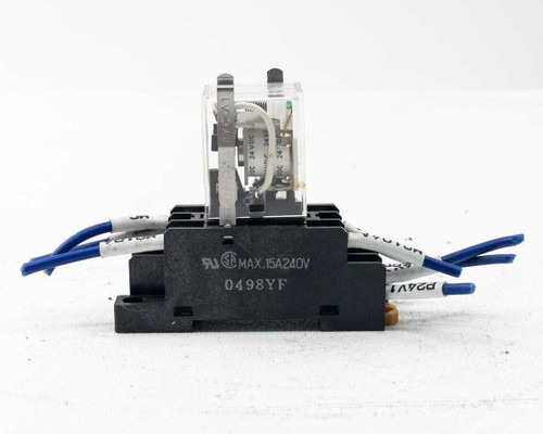 Omron LY2N-D2 relay in PTF08A socket base showing transparent case and coil internals – front view
